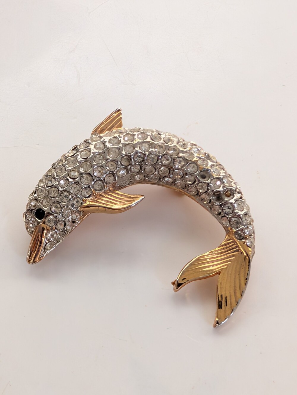Vintage Gold Tone Pave Rhinestone Figural Dolphin Retro Collectible Brooch
